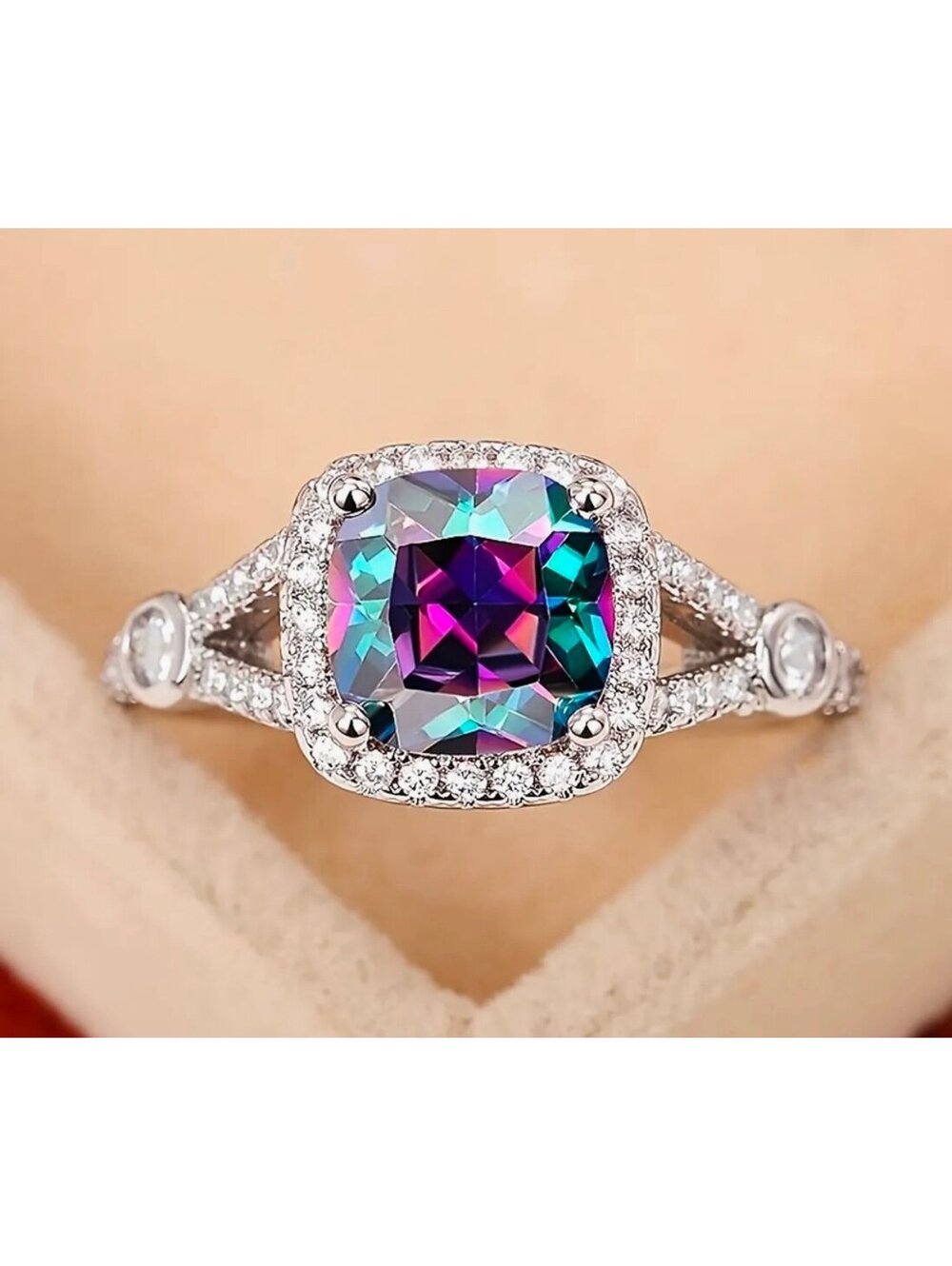 New - Unique - Silver - Fantasy Colorful Square Gemstone Fashion Ring - Size 7